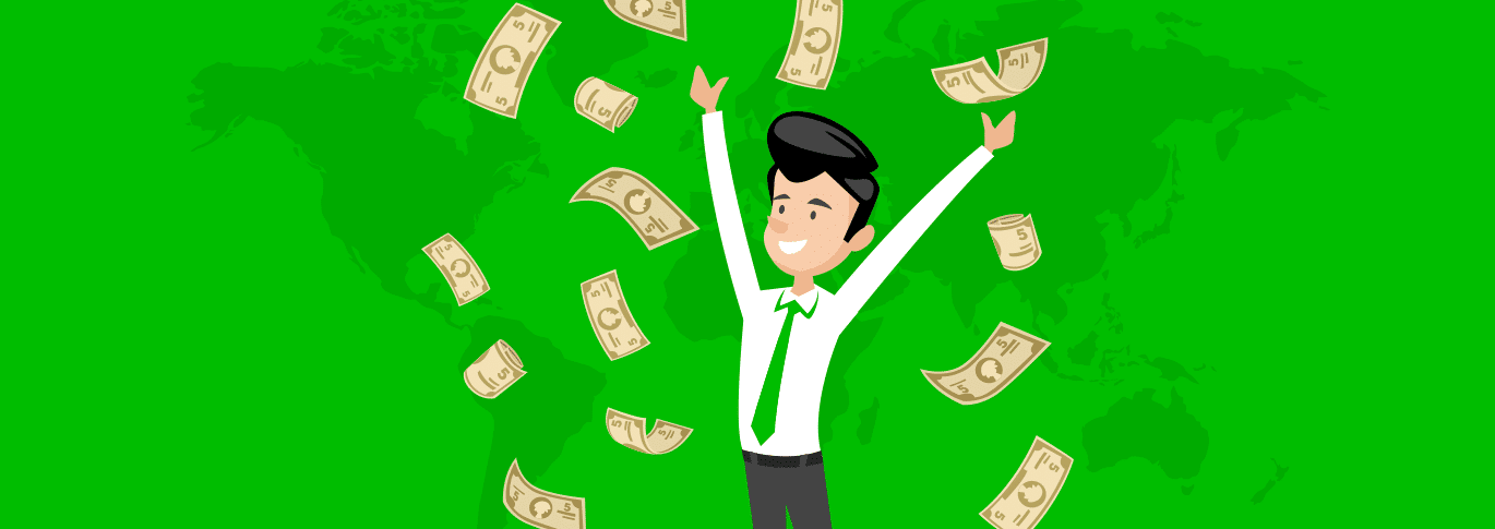 Person celebrating as cash falls around them Crakrevenue-media-buying-traffic-junky