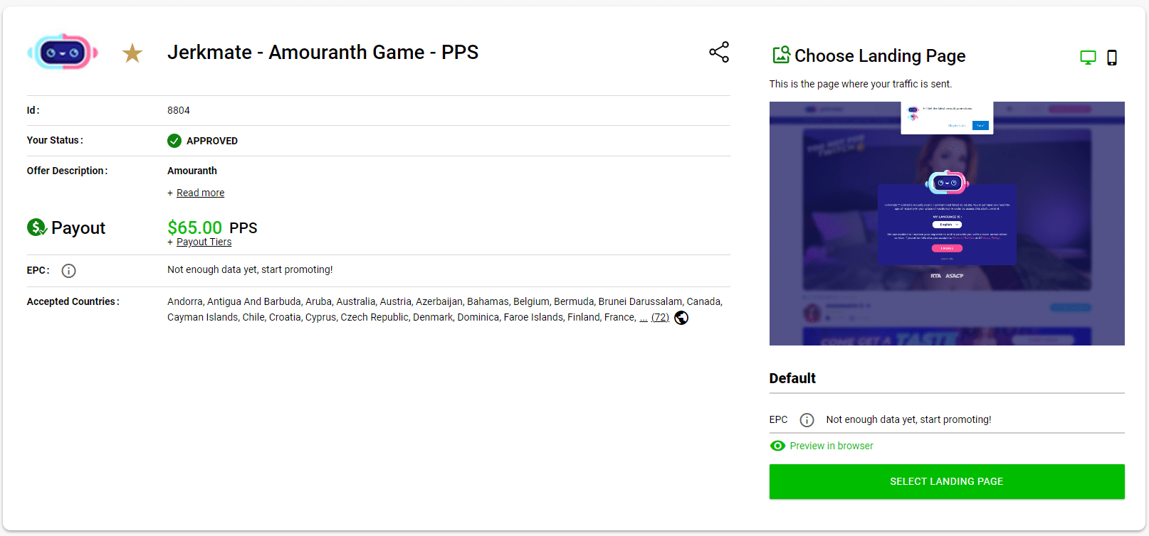 Amouranth Game Offer - Jerkmate Affiliate Program